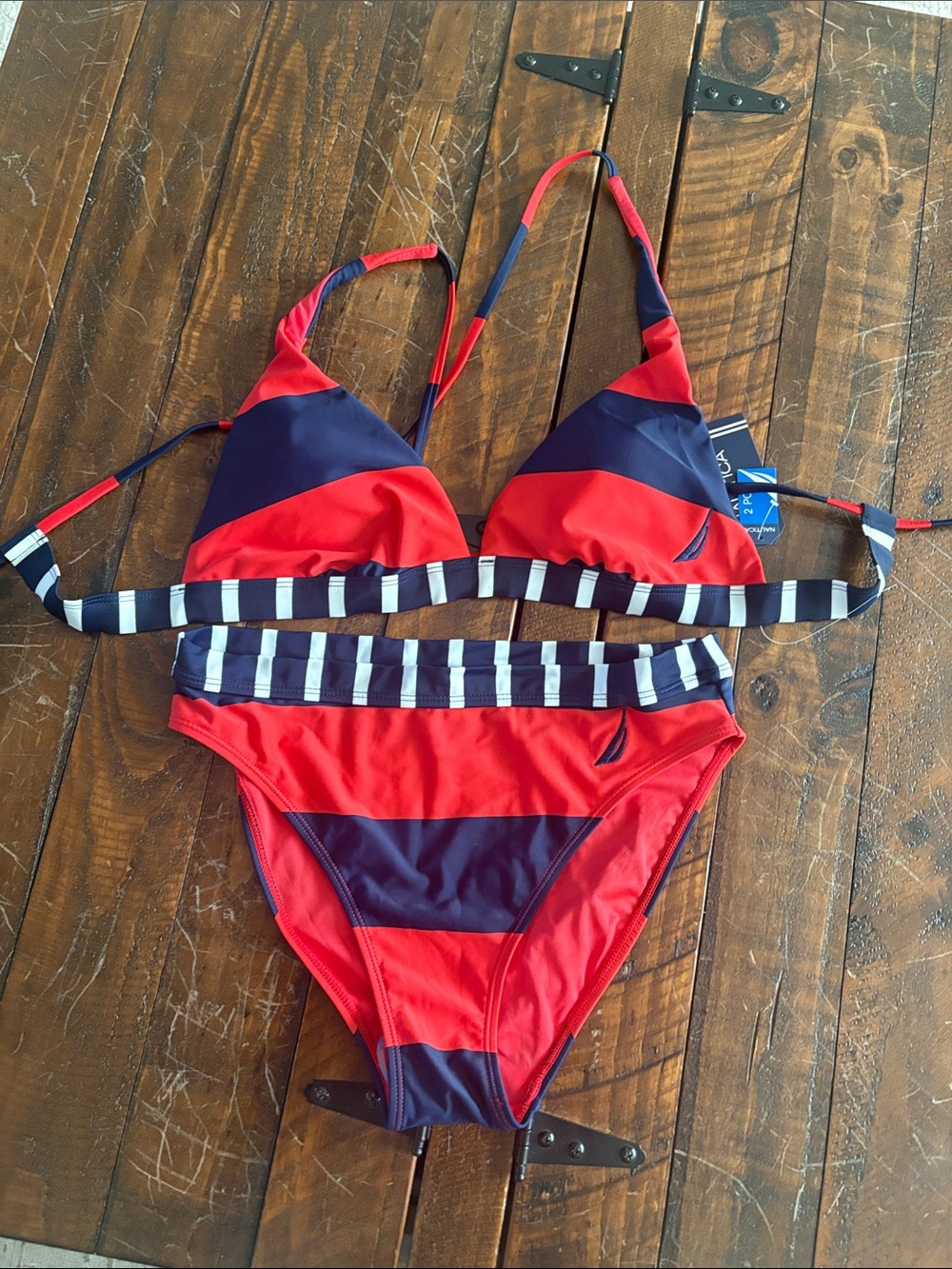 Nautica Red and Navy Striped Triangle Bikini Set